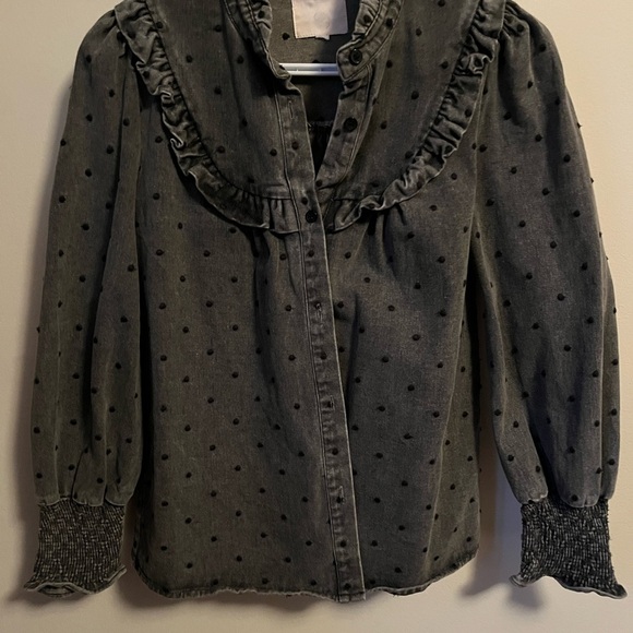 Women’s Jean Polka Dot Ruffle long sleeve Shirt - Gray - Picture 1 of 3